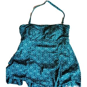 Teal Geometric One-Piece Swimdress with Removable Halter Strap